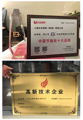 中國節能泵十大品牌稱(chēng)號與高新技術(shù)企業(yè)圖